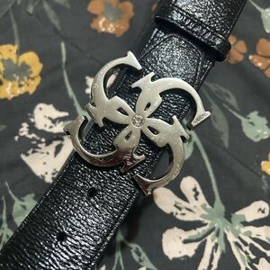 Guess Black Leather Belt with Silver Logo Buckle